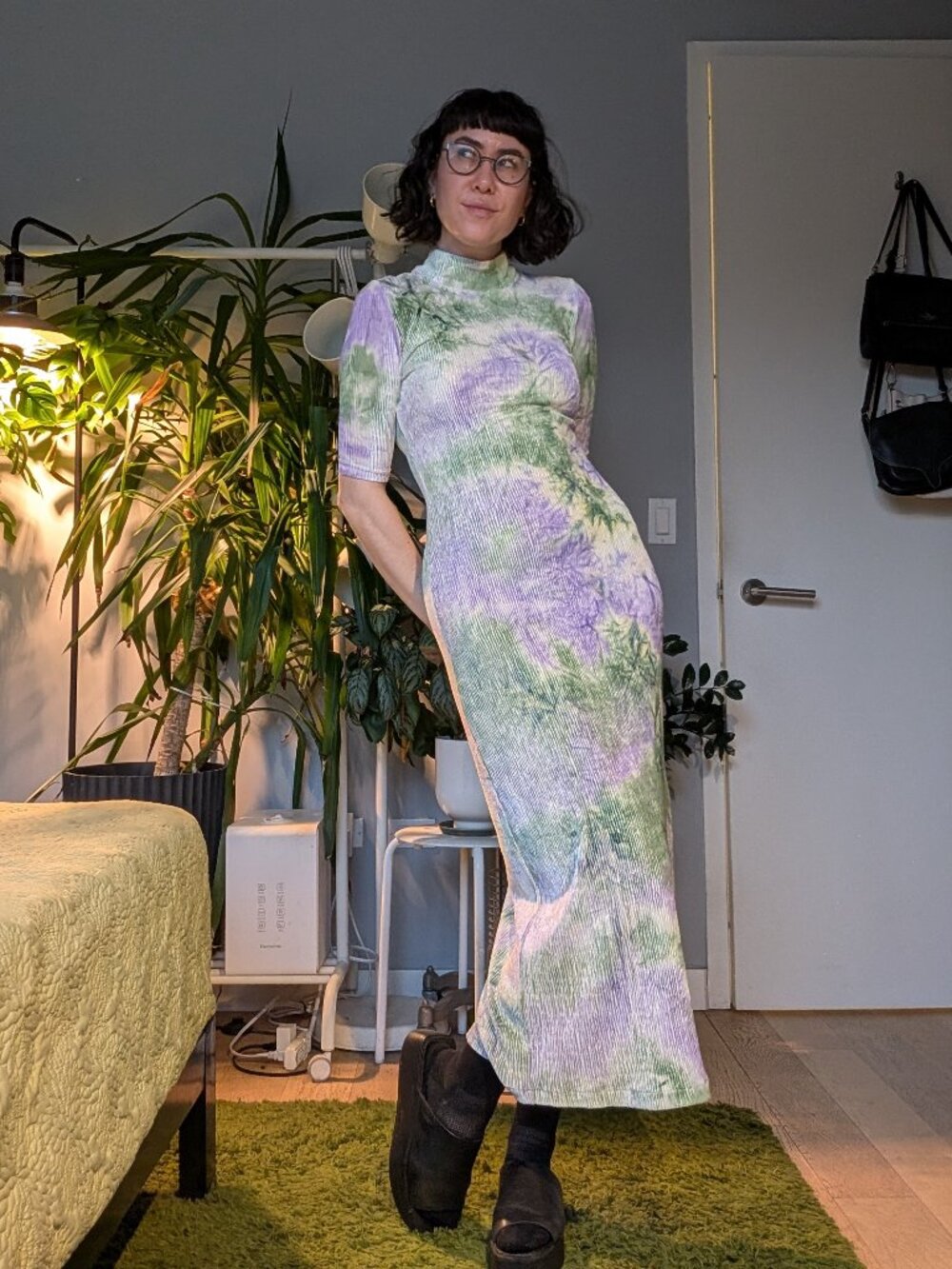 FIND ME NOW tie-dye velvet midi dress in green and purple, size S